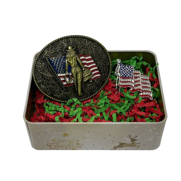 Cowgirl Belt Buckle and USA Flag Brooch Christmas Tin Set Western Buckles Rodeo - Picture 13 of 16
